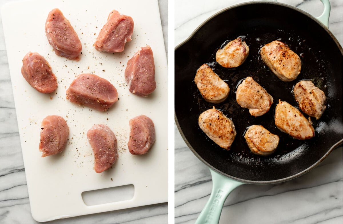 seasoning pork tenderloin and pan searing in a skillet