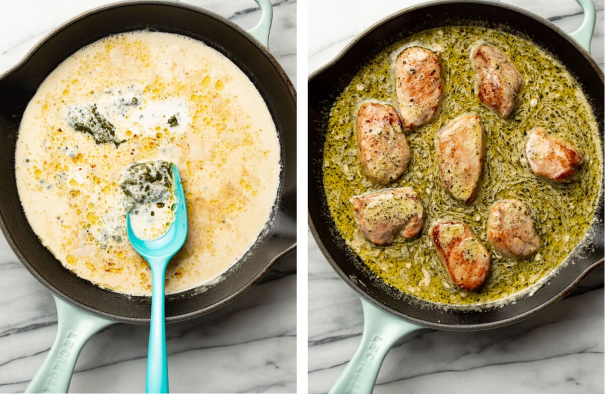 making sauce for pesto pork tenderloin and adding pork to the skillet