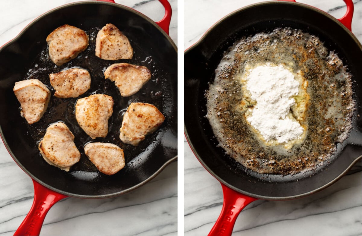 pan searing pork tenderloin in a skillet and making a roux