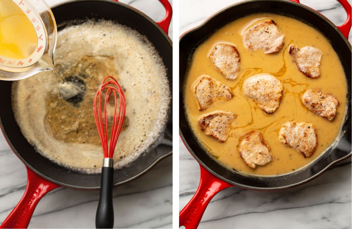 whisking chicken broth into a skillet to make ranch gravy and adding back pork tenderloin