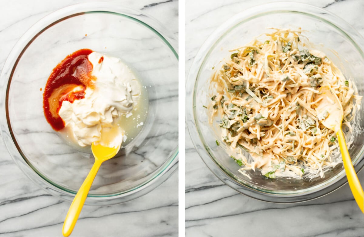 making taco sauce in a prep bowl and adding cabbage to make a slaw