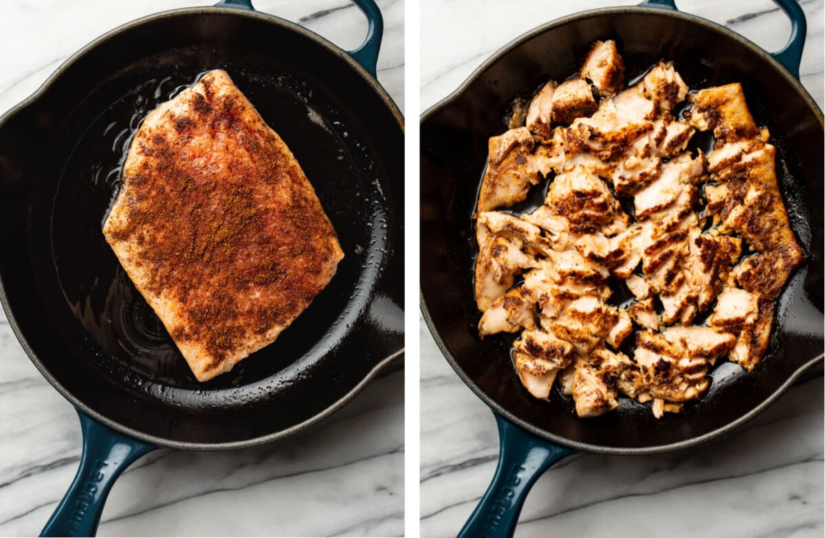 salmon in a skillet before and after cooking