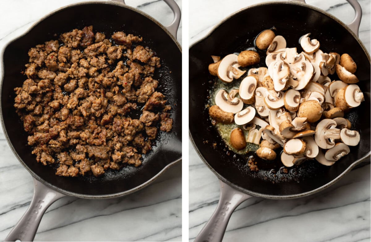 pan frying italian sausage and then sauteing mushrooms in a skillet