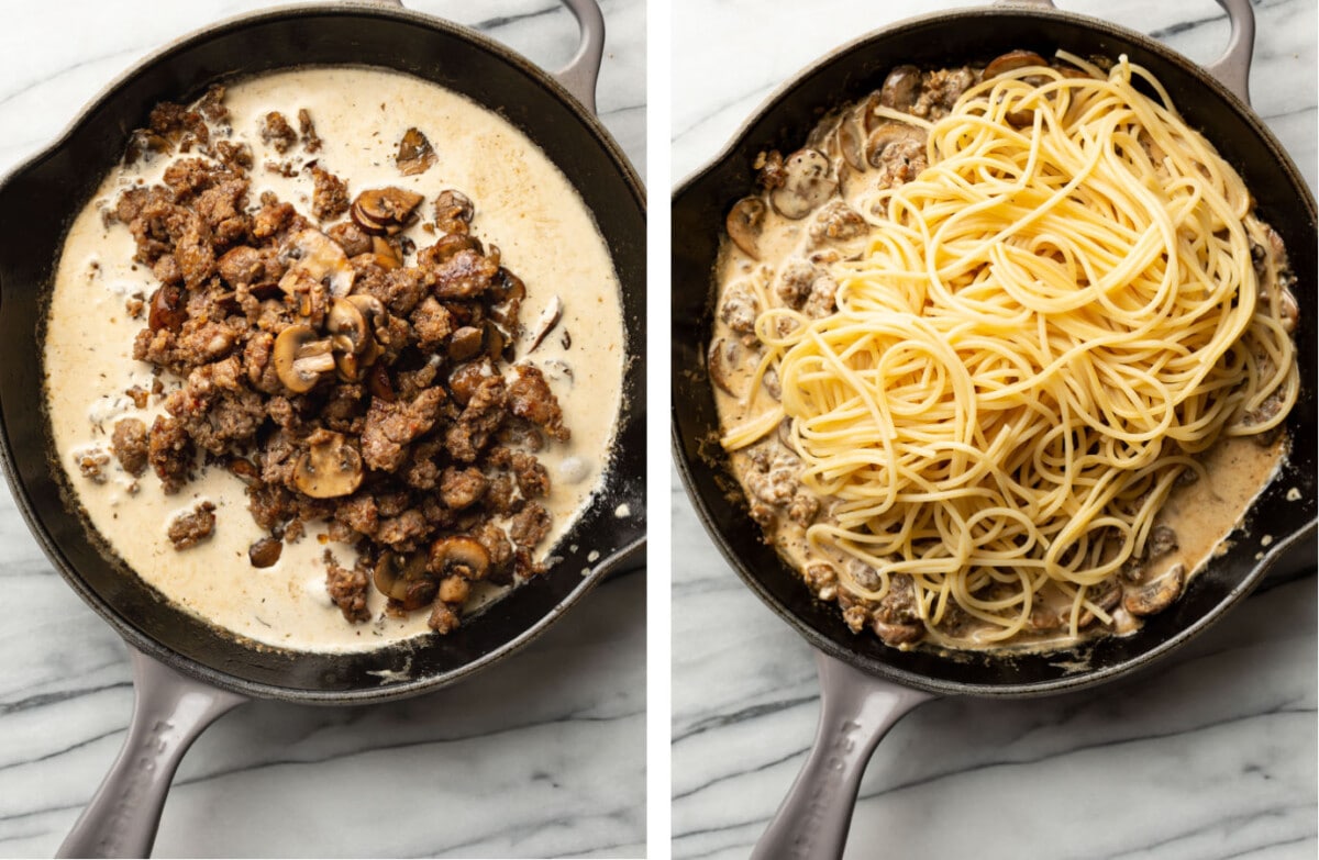 adding cream to italian sausage mushroom sauce in a skillet and tossing with pasta