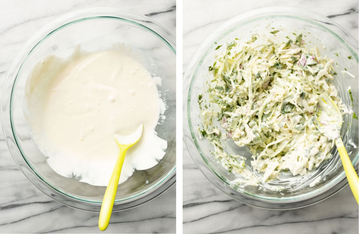 making dressing in a prep bowl and adding cabbage for a taco slaw