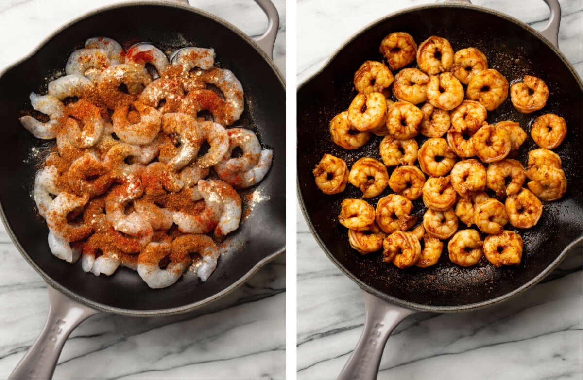 a skillet with seasoned shrimp before and after cooking them for tacos