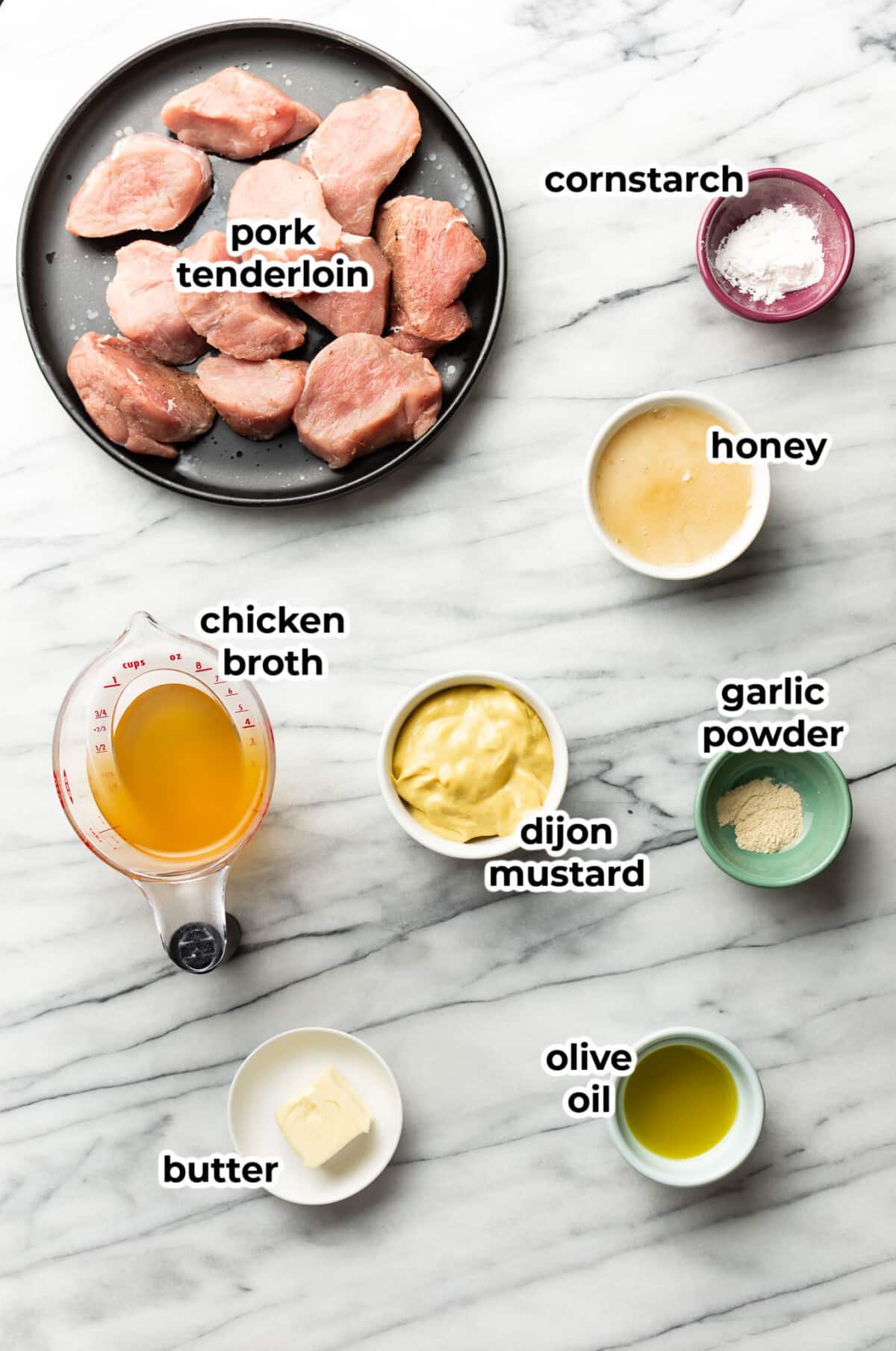 ingredients for honey mustard pork tenderloin in prep bowls