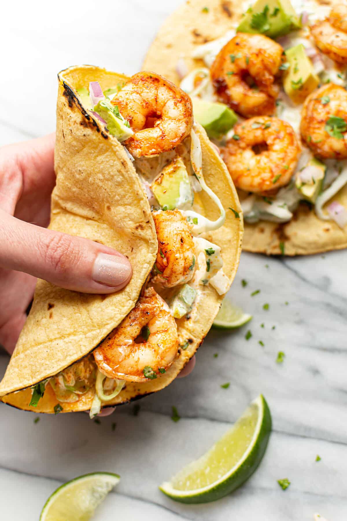 a hand holding a shrimp taco