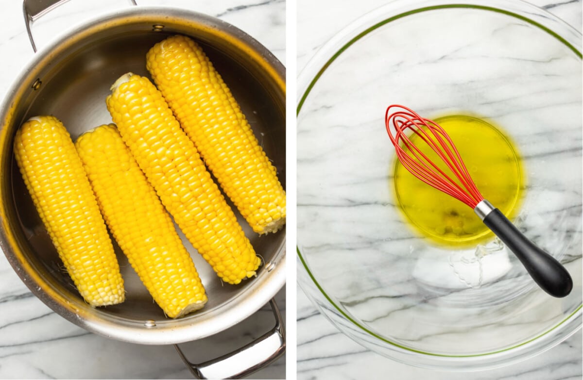 boiling corn on the cob in a pot and whisking together salad dressing in a bowl