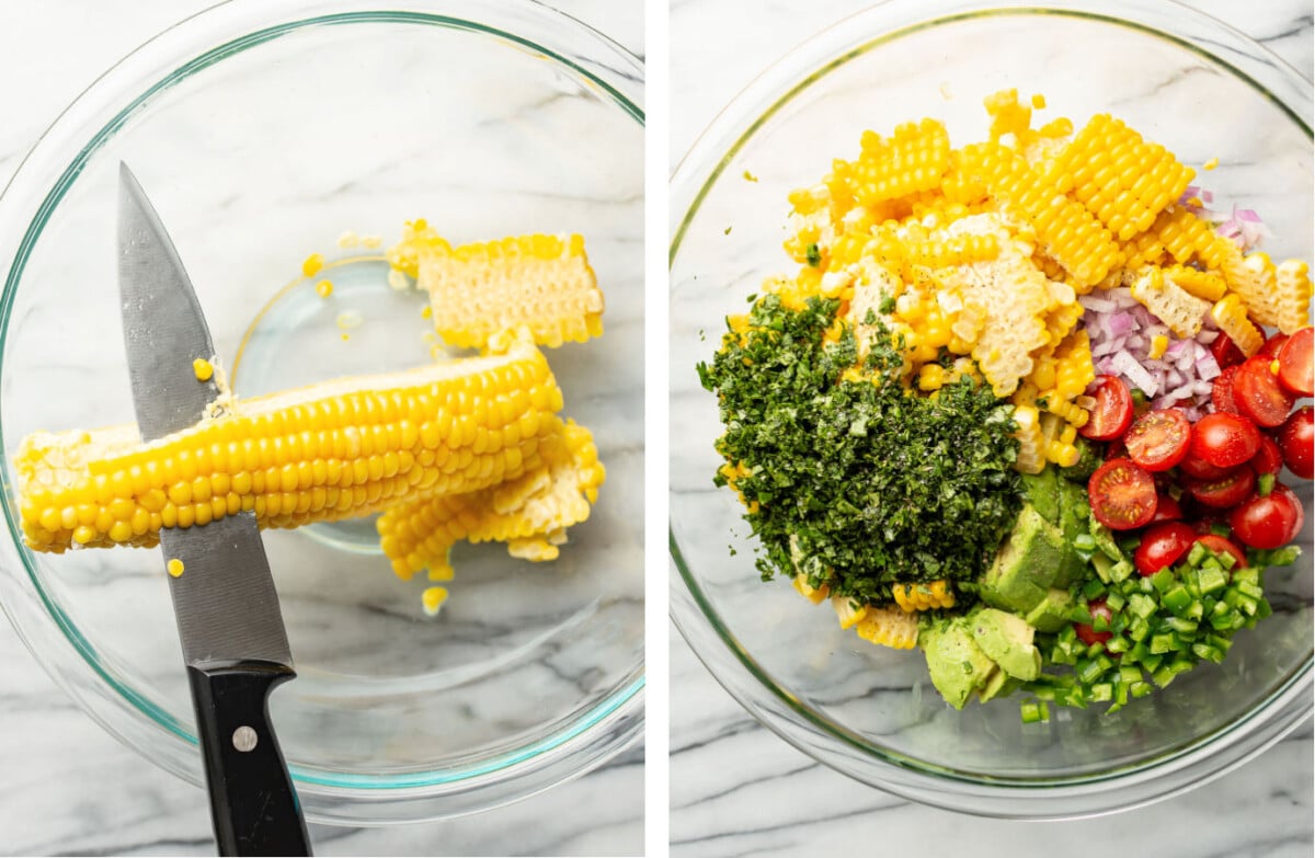 cutting corn into a prep bowl and adding in other ingredients for corn salad