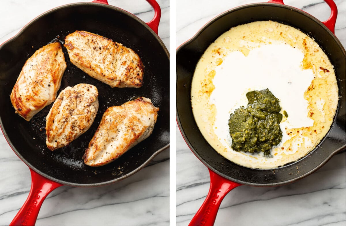 pan frying chicken in a skillet and making creamy pesto sauce