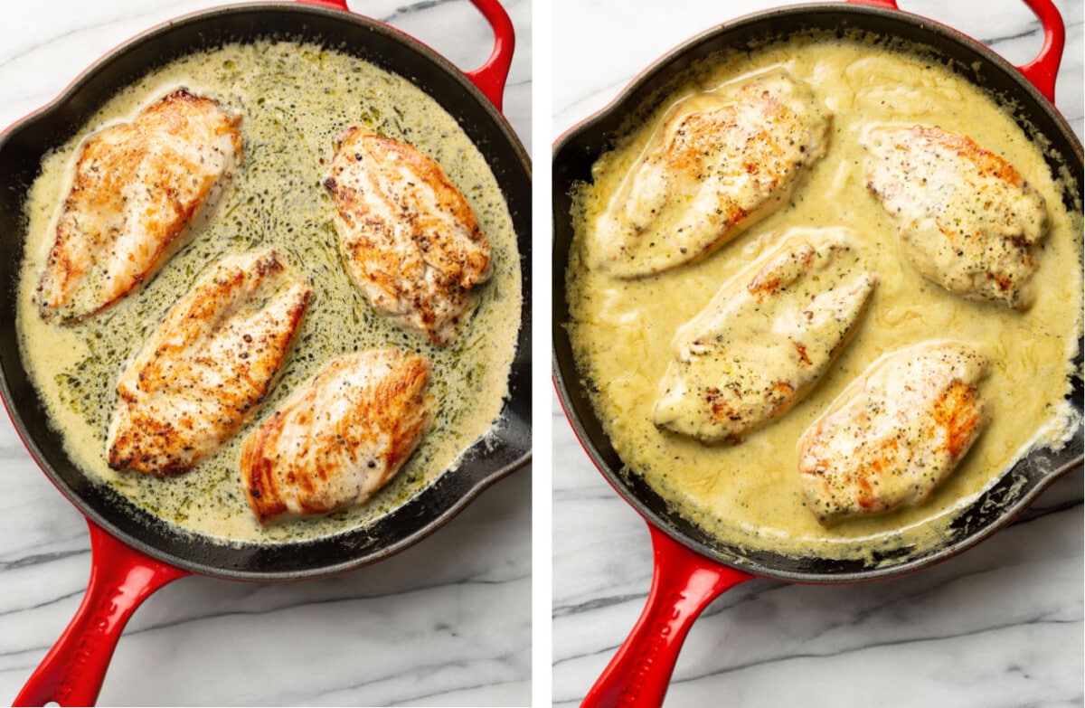 a skillet with creamy pesto chicken before and after cooking