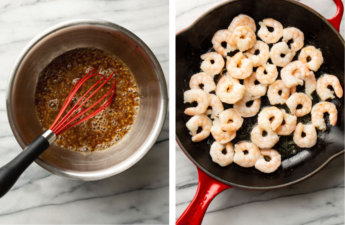 whisking honey garlic sauce in a prep bowl and pan frying shrimp in a skillet