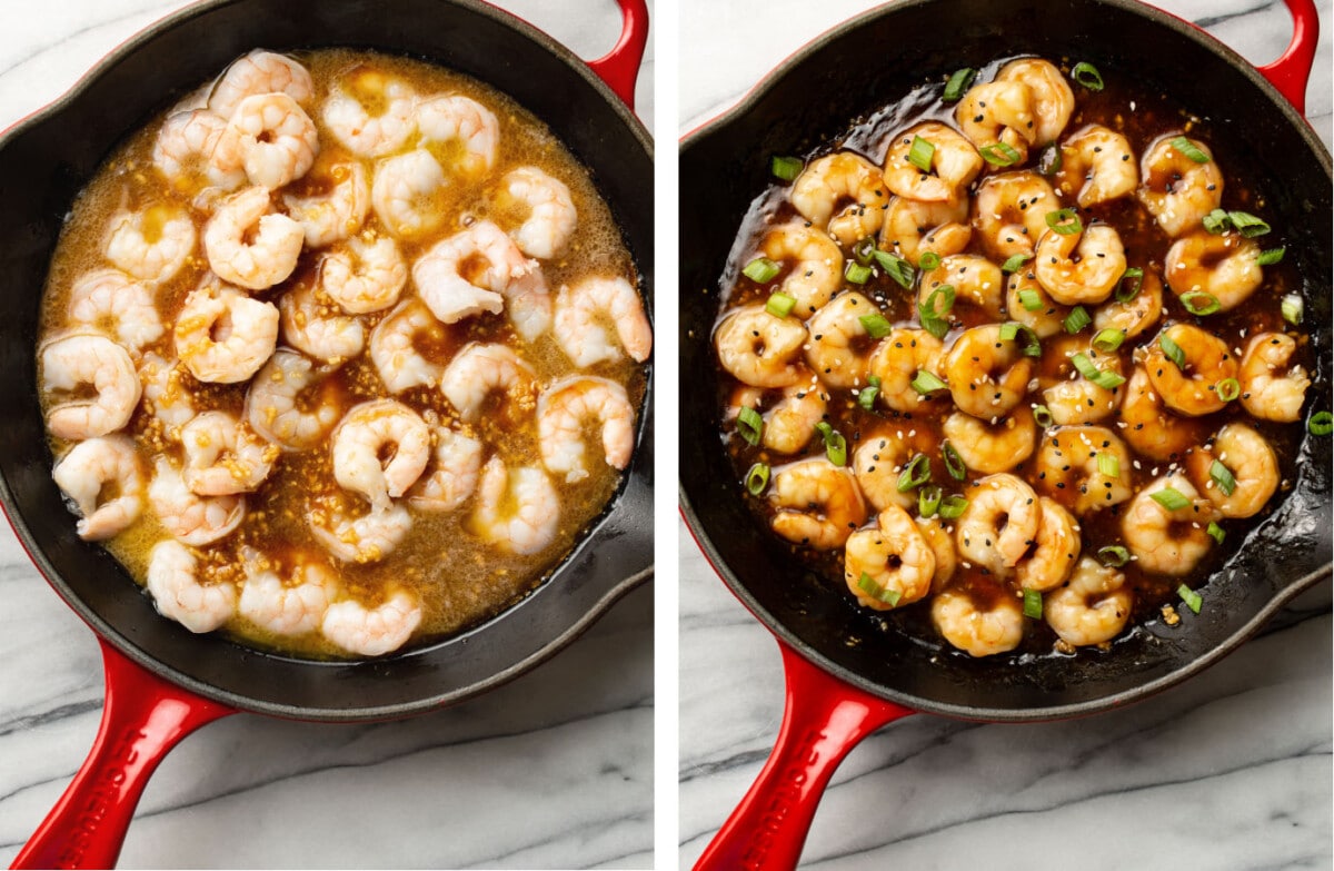 honey garlic shrimp in a skillet before and after cooking