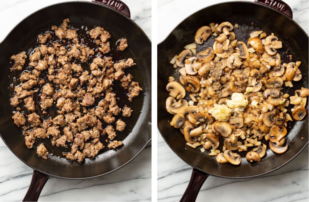 browning italian sausage in a skillet and then sauteing mushrooms and onions