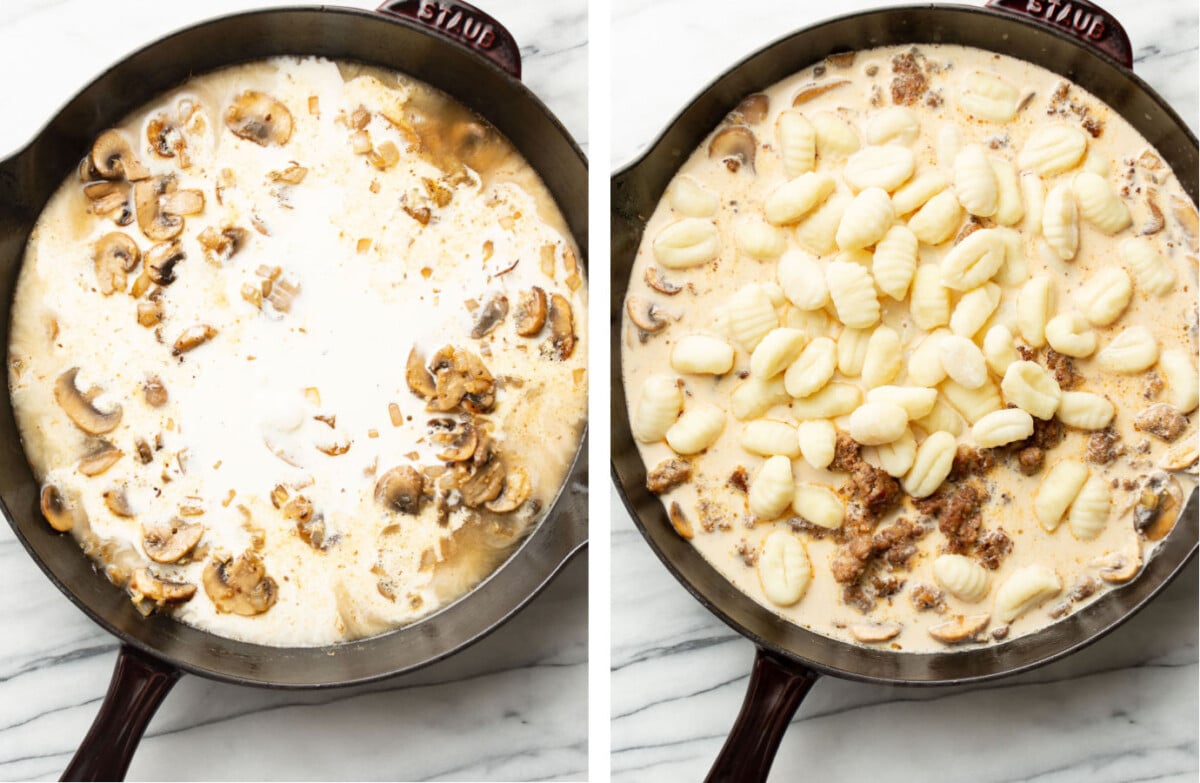 making creamy sauce in a skillet and adding gnocchi and italian sausage