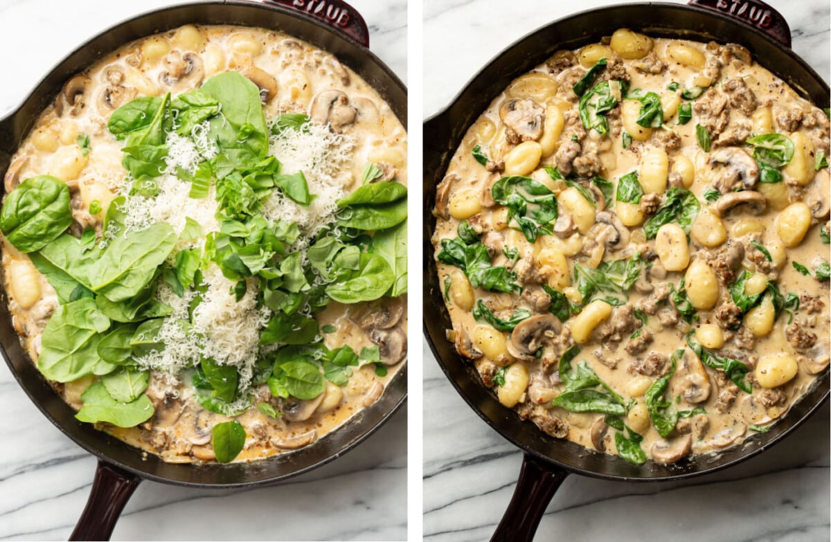 adding spinach and parmesan to a skillet with italian sausage mushroom gnocchi