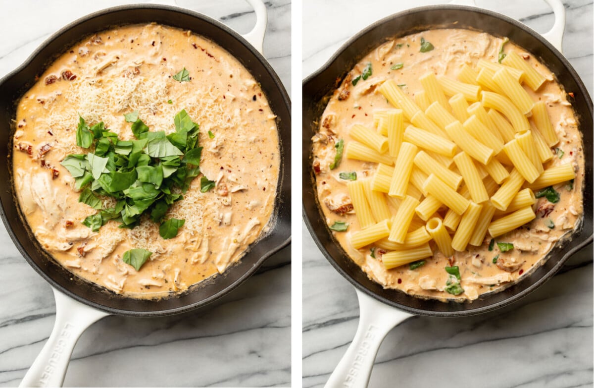 adding basil and parmesan to a skillet and tossing the marry me sauce with pasta