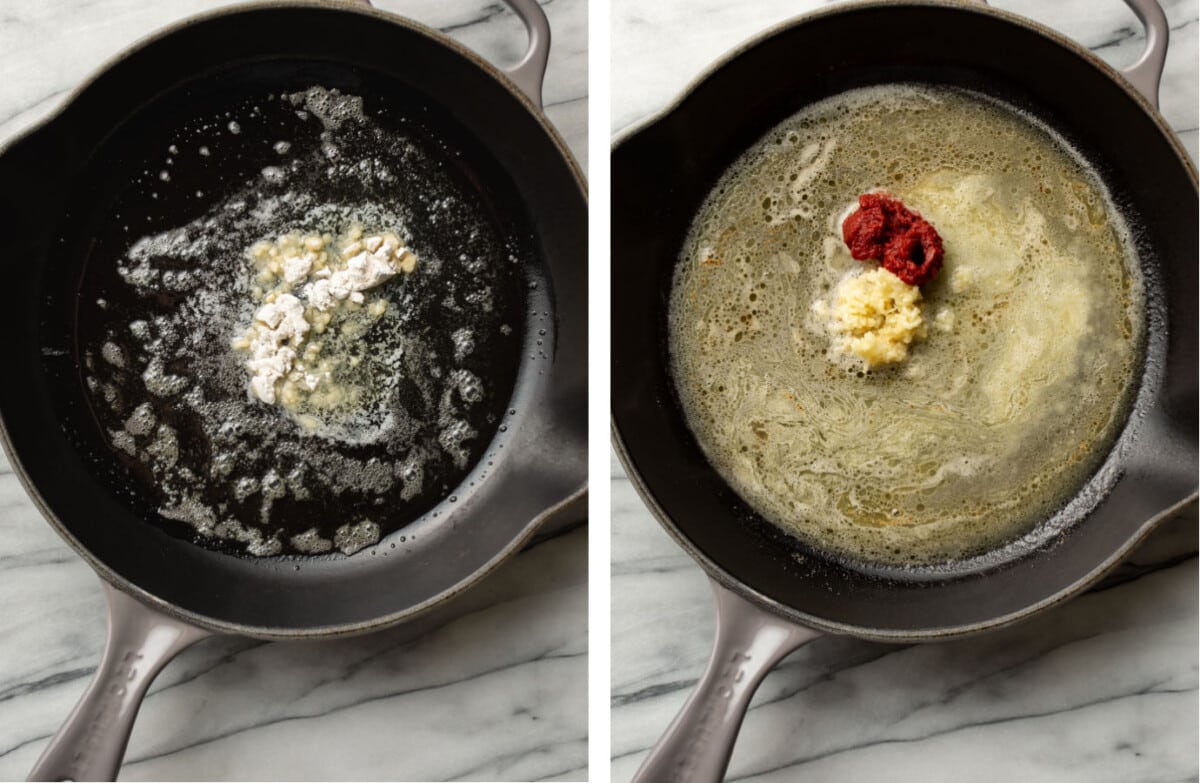 making a roux in a skillet and then adding wine, tomato paste, and garlic