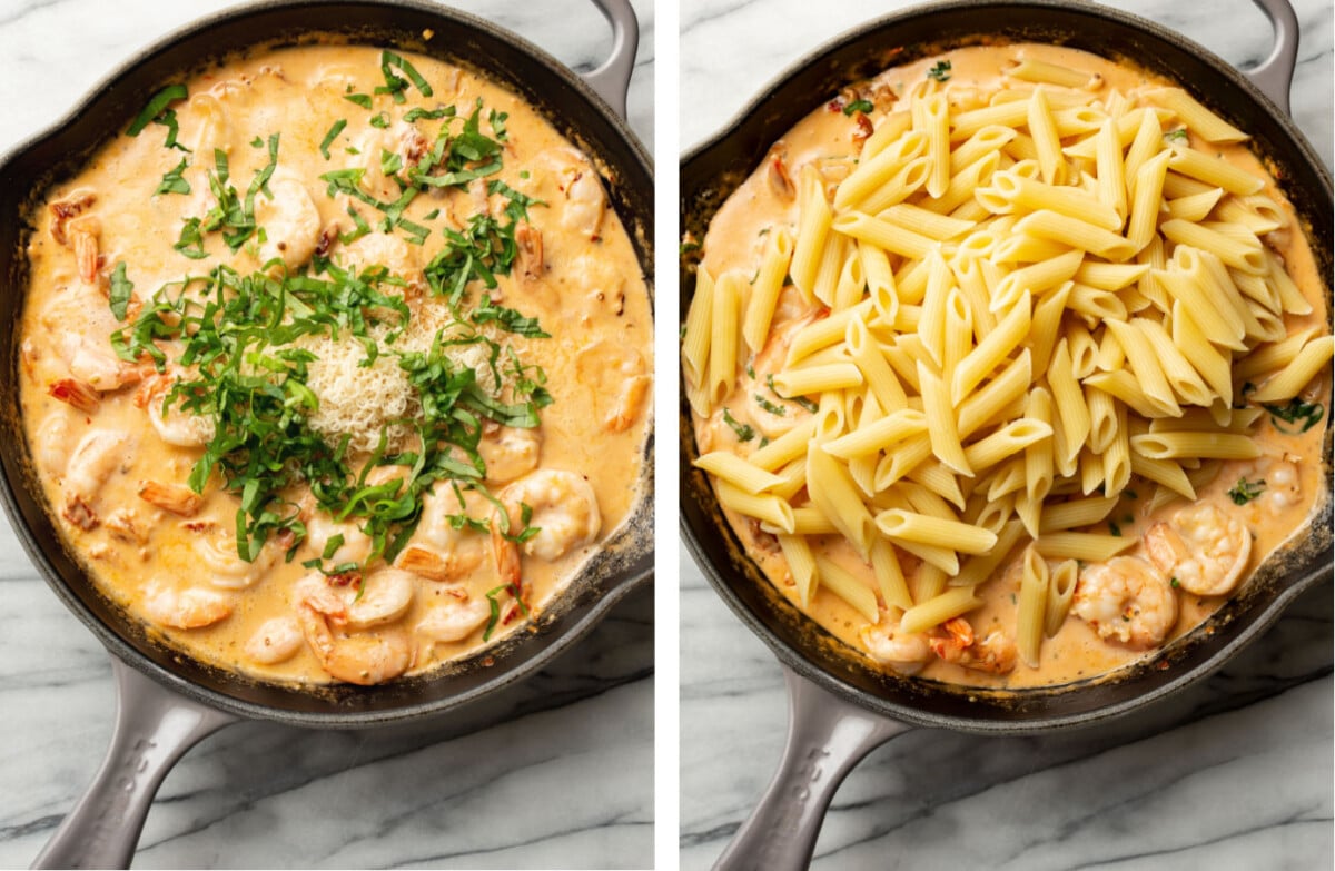 adding parmesan and basil to a skillet with marry me sauce and tossing with pasta