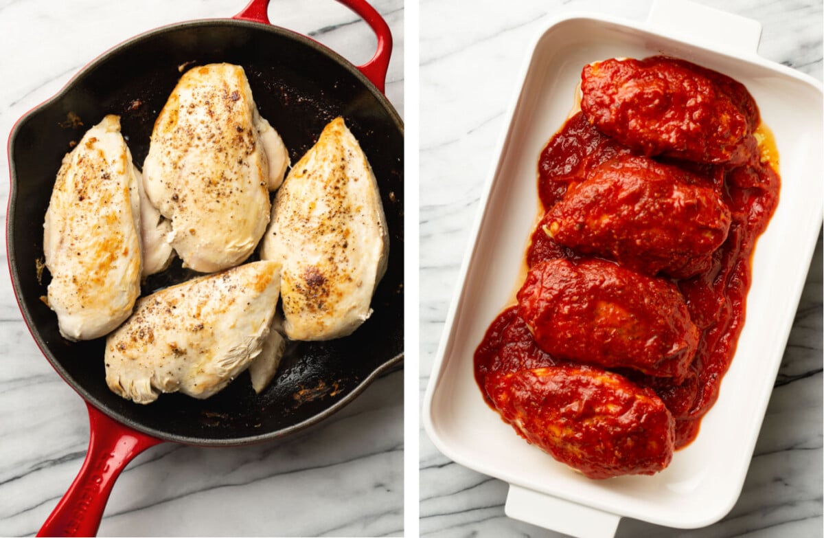 pan frying chicken in a skillet then adding to a casserole dish with pizza sauce