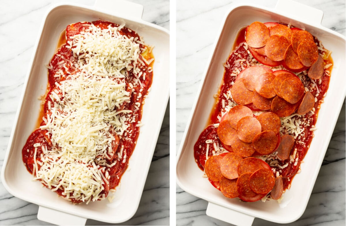 adding mozzarella to a baking dish with chicken, then topping with tomatoes and pepperoni