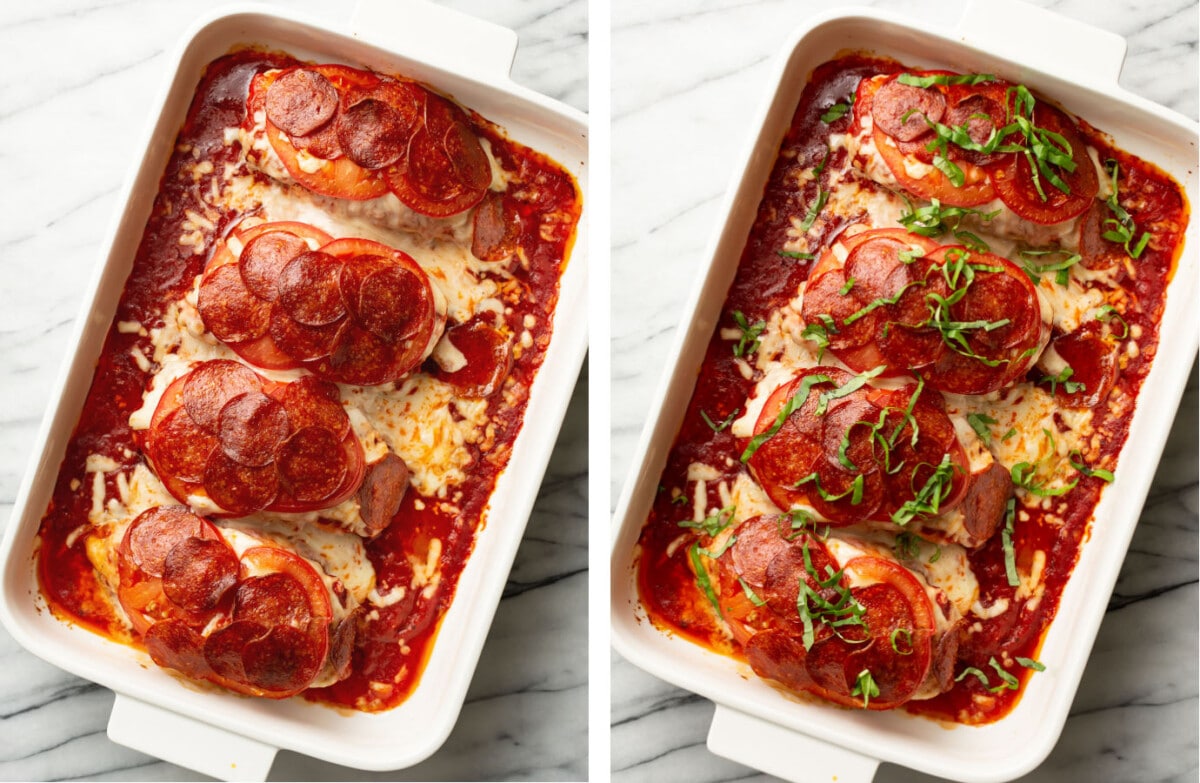 pizza chicken in a casserole dish before and after baking