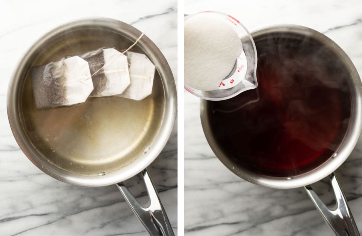 steeping black tea in a saucepan and adding sugar for sweet tea