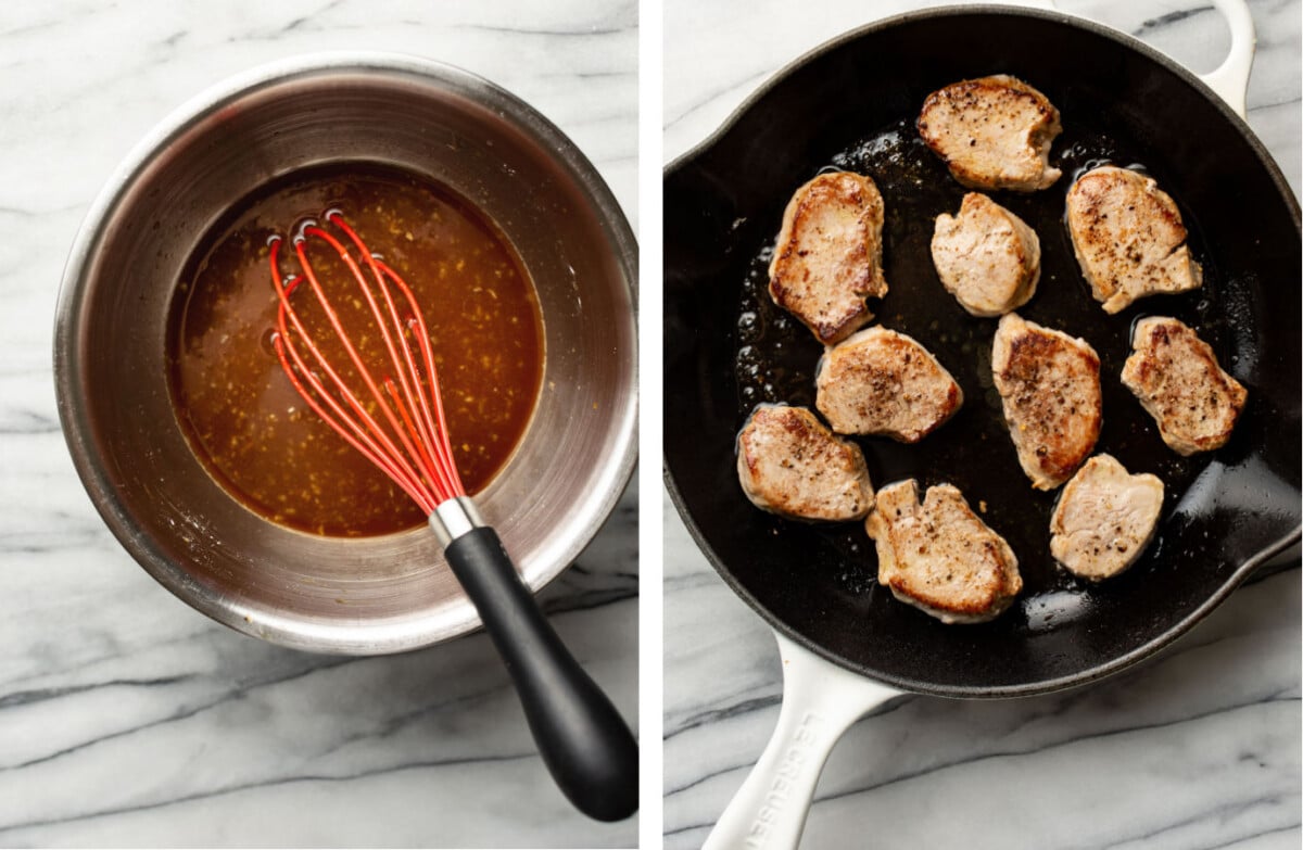 whisking teriyaki sauce in a prep bowl and pan frying pork tenderloin in a skillet