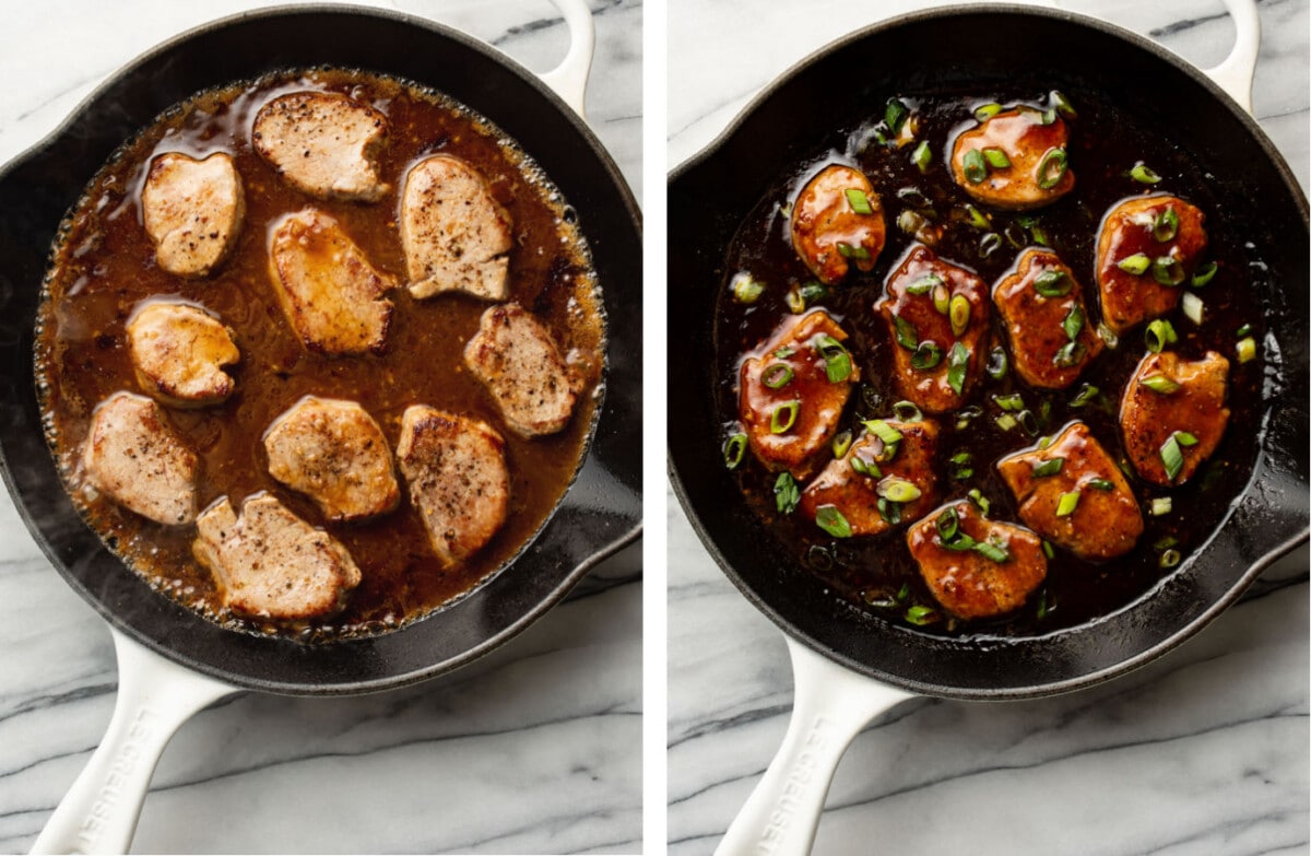 teriyaki pork tenderloin in a skillet before and after cooking