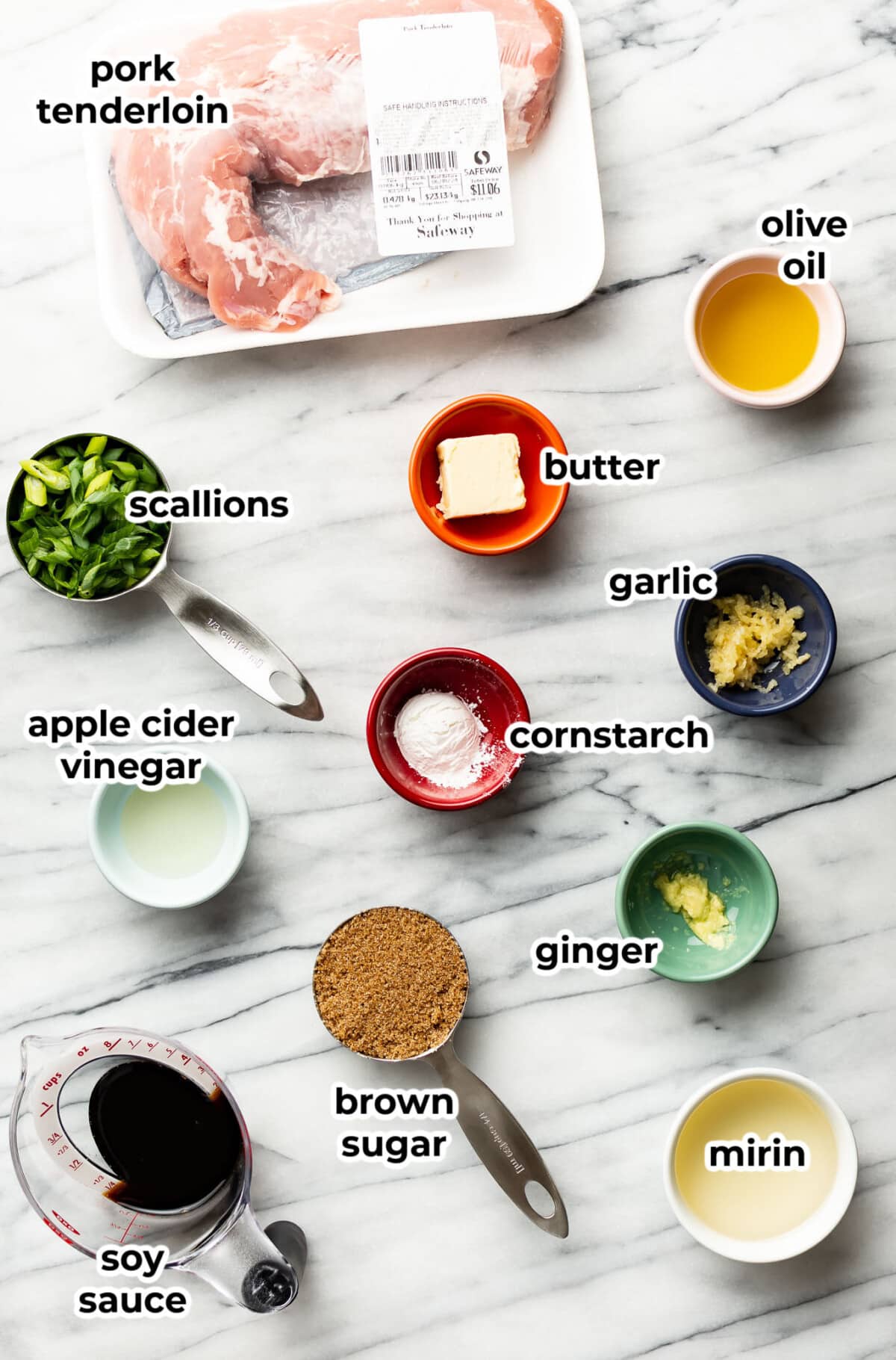 ingredients for teriyaki pork tenderloin in prep bowls