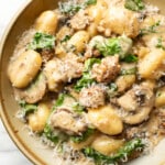 a bowl of italian sausage mushroom gnocchi