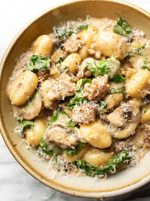 a bowl of italian sausage mushroom gnocchi