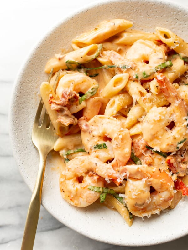 a bowl of marry me shrimp pasta with a fork