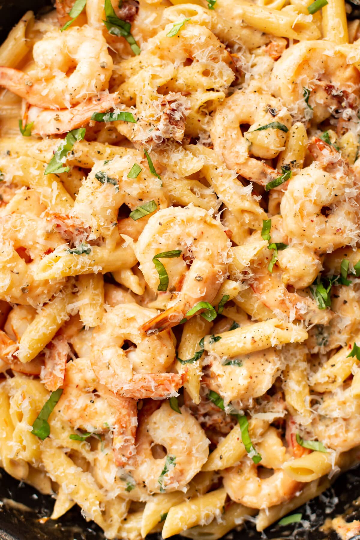 closeup of a skillet with marry me shrimp pasta