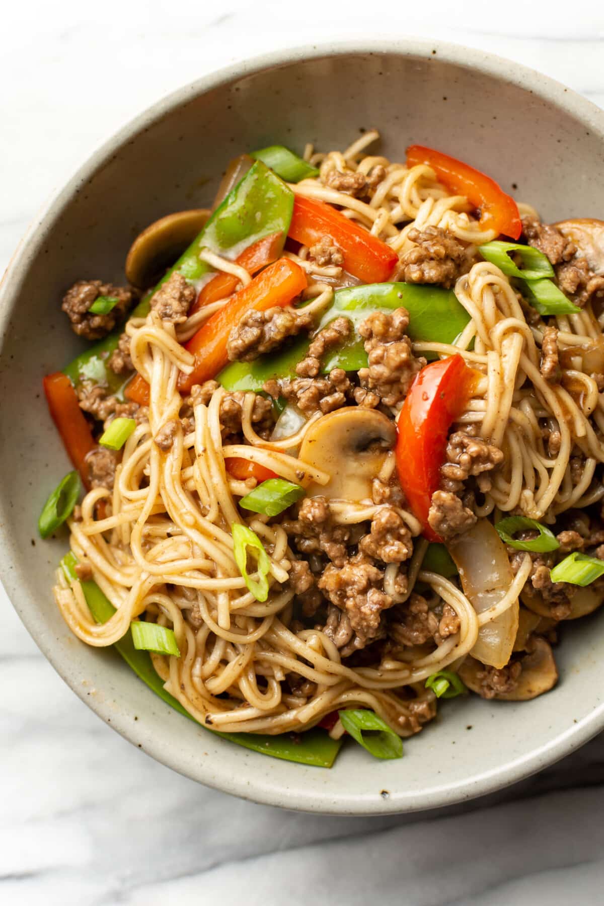 a bowl of ground beef lo mein