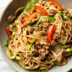 a bowl of ground beef lo mein