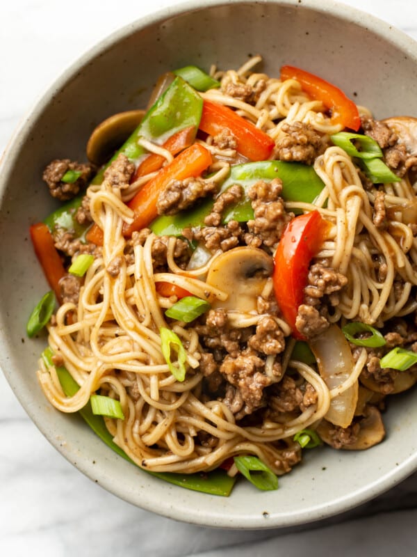 a bowl of ground beef lo mein