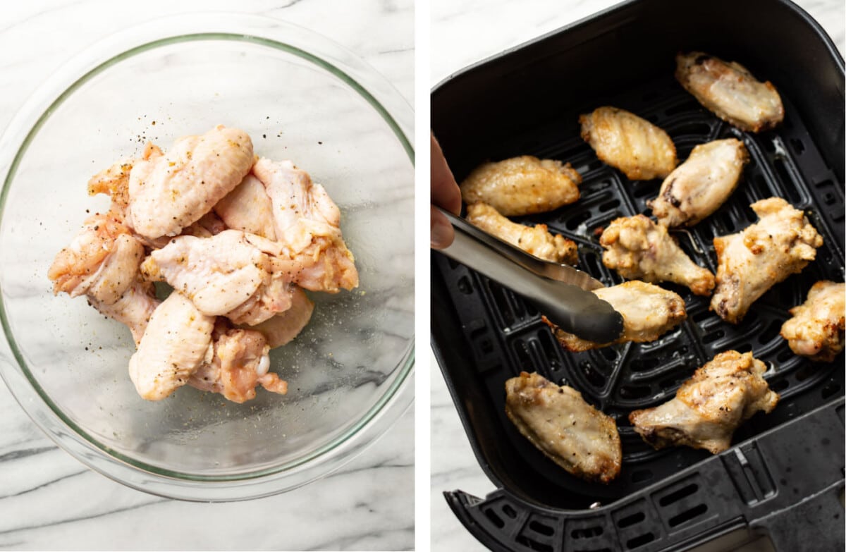 tossing chicken wings in a prep bowl with seasoning and cooking in an air fryer