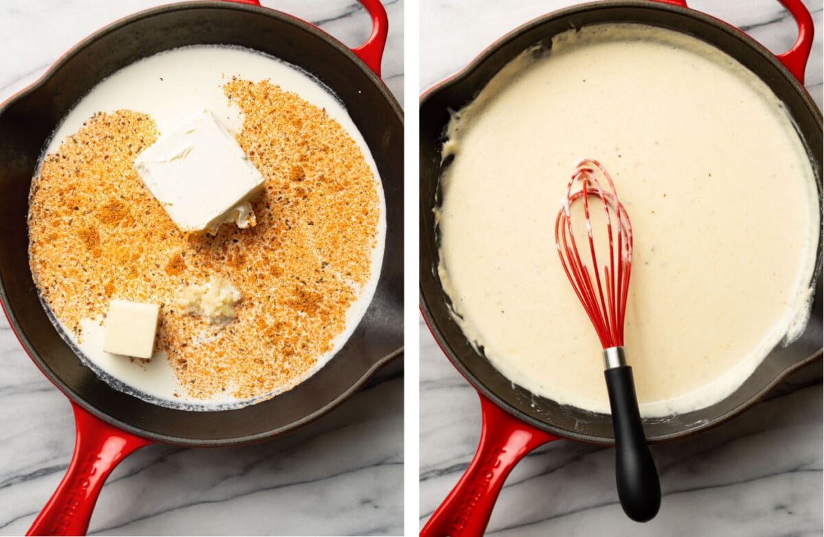 adding ingredients for cajun alfredo sauce to a skillet and whisking it