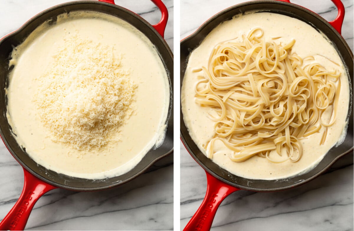 adding parmesan to a skillet with cajun alfredo sauce and tossing with fettuccine