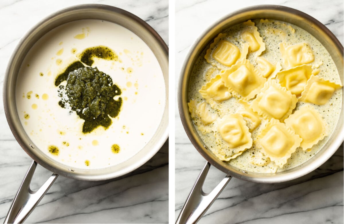 making creamy pesto sauce in a skillet and adding ravioli