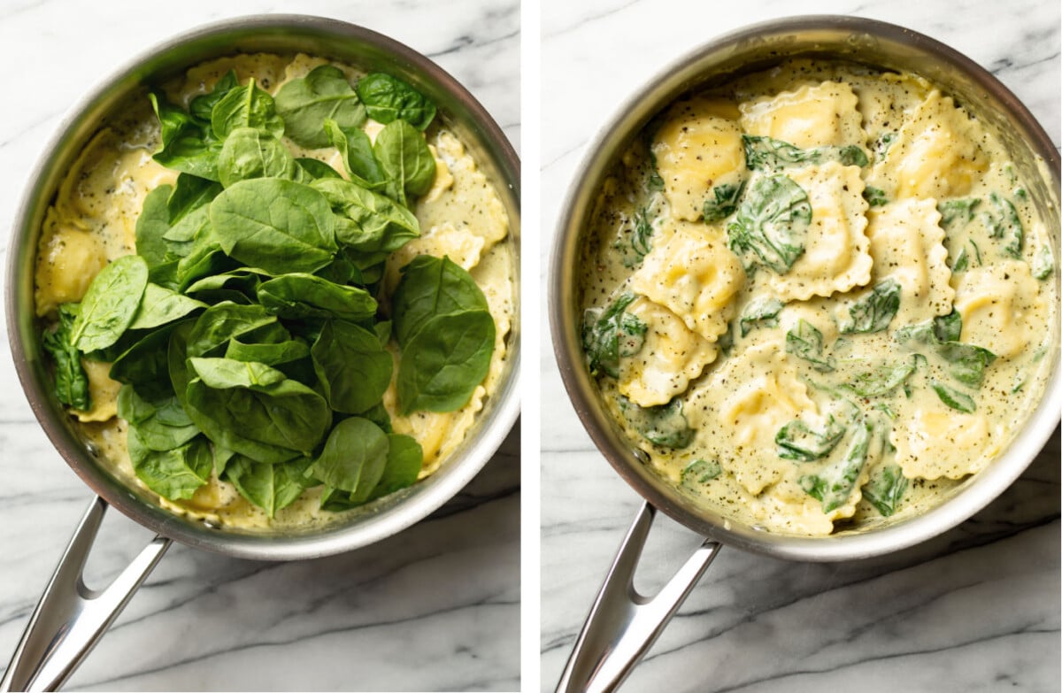 creamy pesto ravioli in a pan before and after wilting spinach