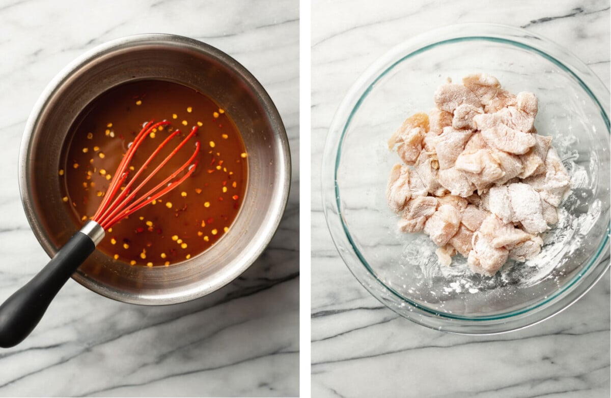 whisking firecracker sauce in a prep bowl and tossing chicken with cornstarch