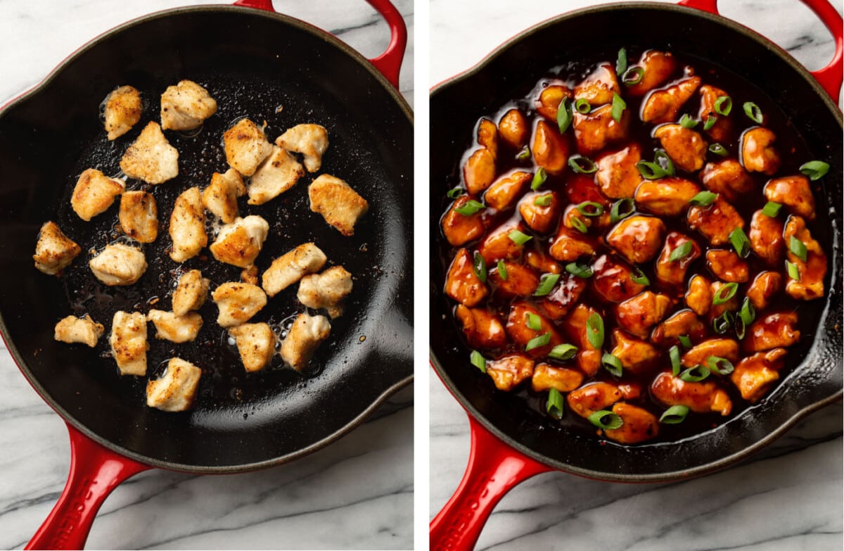 pan frying chicken in a skillet and tossing with firecracker sauce