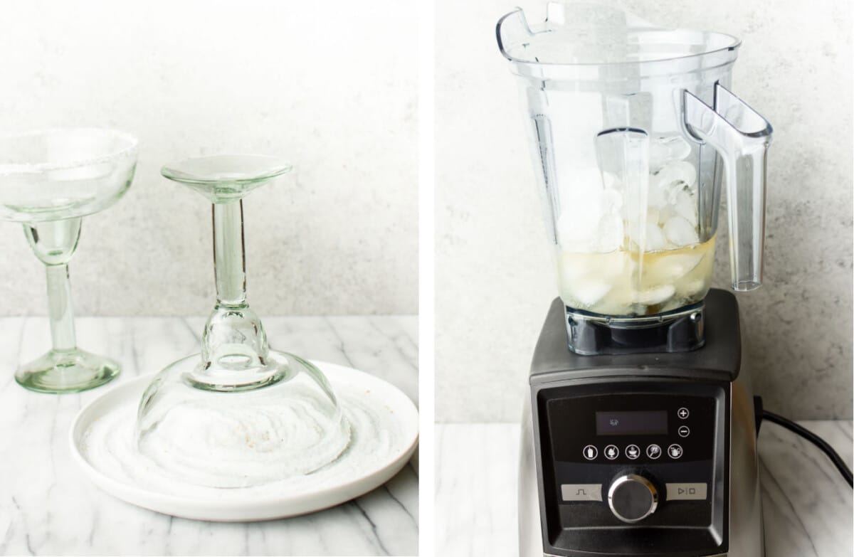 adding salt to margarita glasses and blending margarita ingredients in a blender