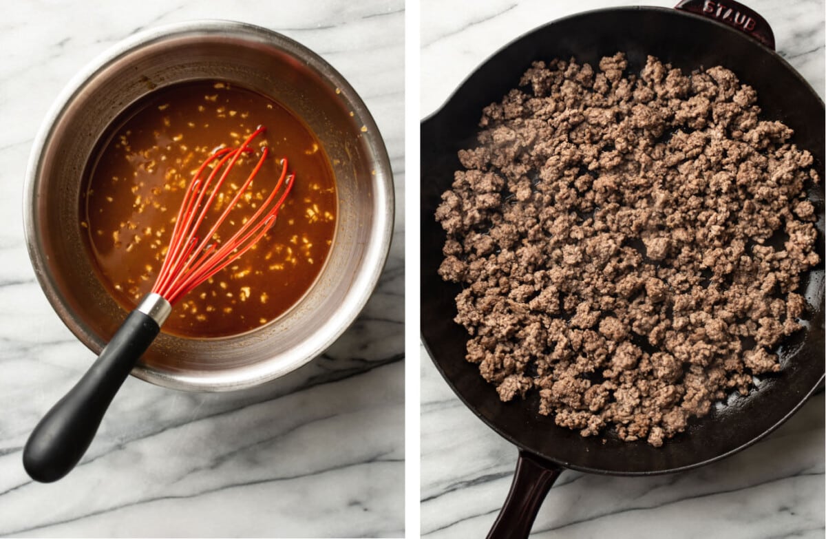 whisking sauce for lo mein in a bowl and browning beef in a skillet