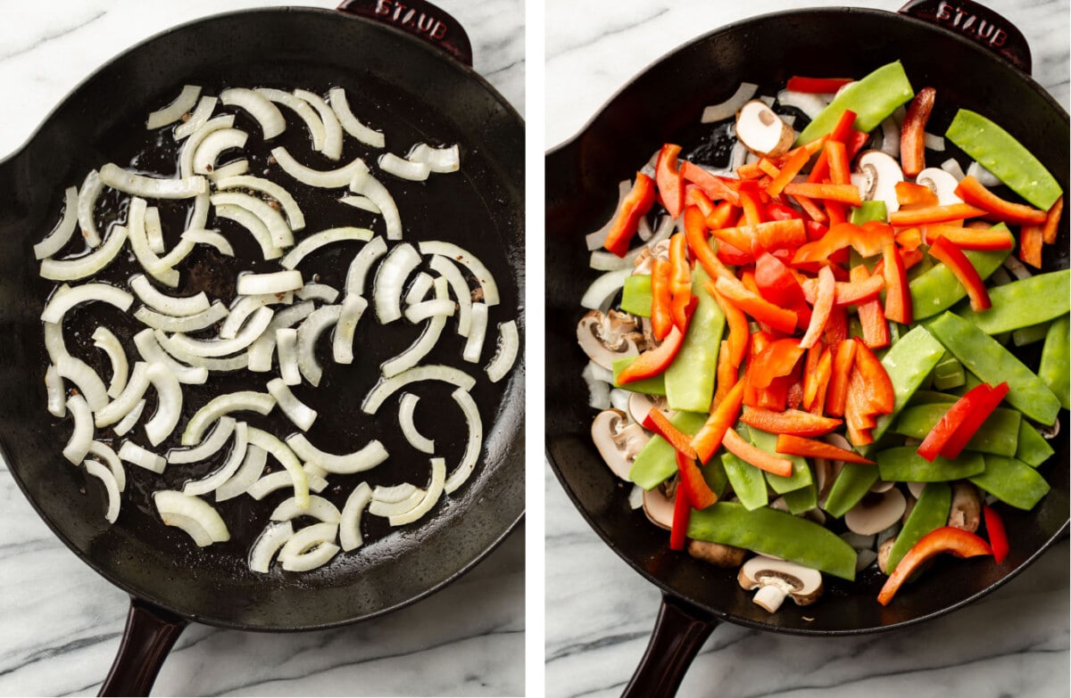 sauteing onions and fresh vegetables in a skillet for lo mein