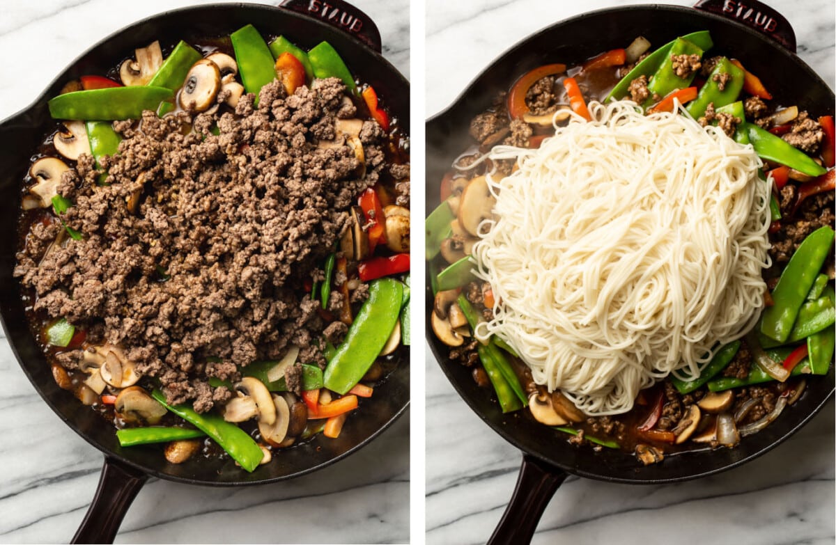 adding in ground beef to a skillet and tossing with lo mein noodles and sauce