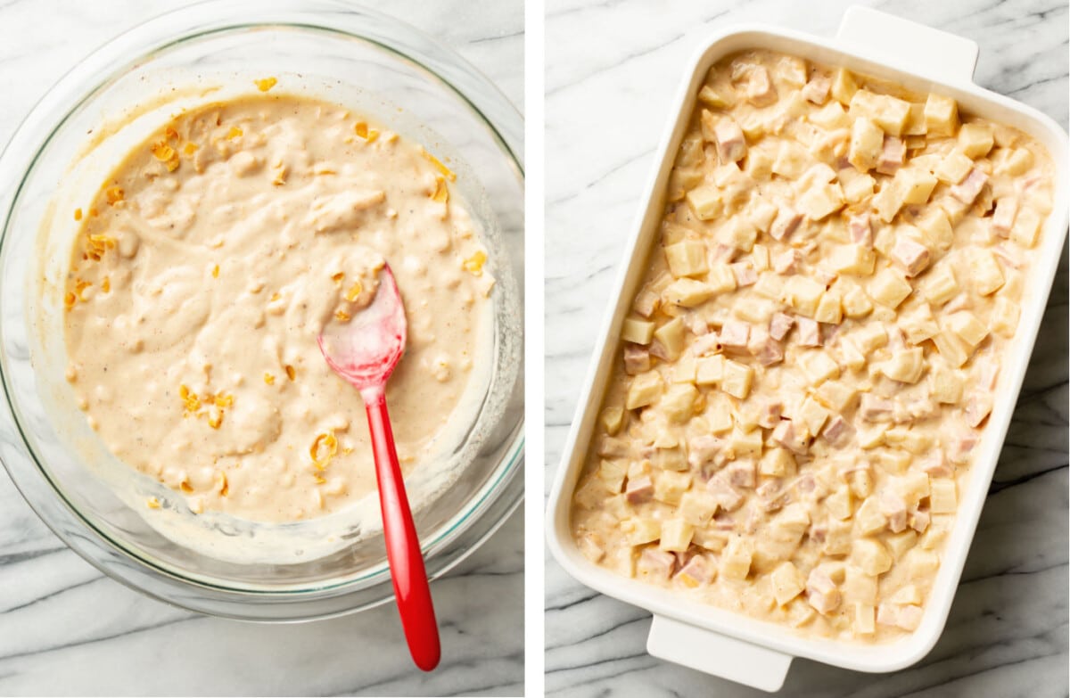 mixing cheesy sauce in a prep bowl and adding to a baking dish with ham and potatoes